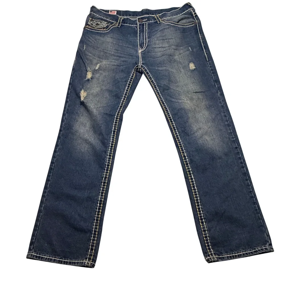 True Religion Ricky Straight Leg Jeans Mens 40x32 Blue Made in USA Rocker